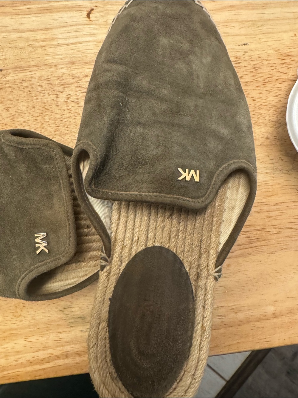 Michael Kors Olive Suede Slip-On Loafers with Gold MK Accent